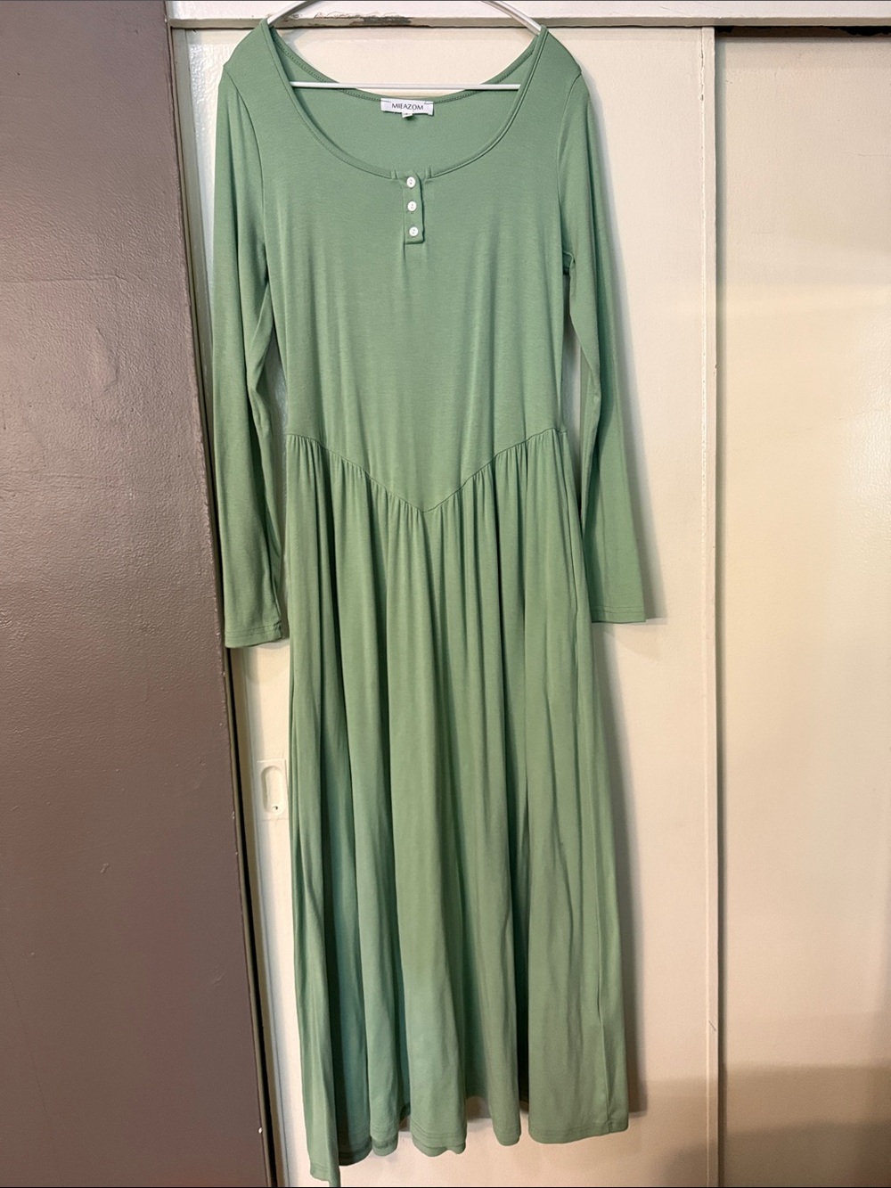 Sage Green Long-Sleeve Maxi Dress with Button Placket